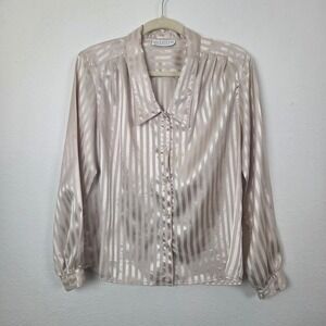 Jennifer Blouse Women's Champagne‎ Striped Button Up Long Sleeve Satin Pleated